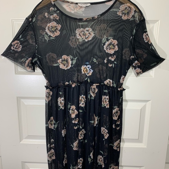 Be. You. tifull Black Mesh Midi Dress Women's Large Flower Prints Short Sleeves - Picture 6 of 8